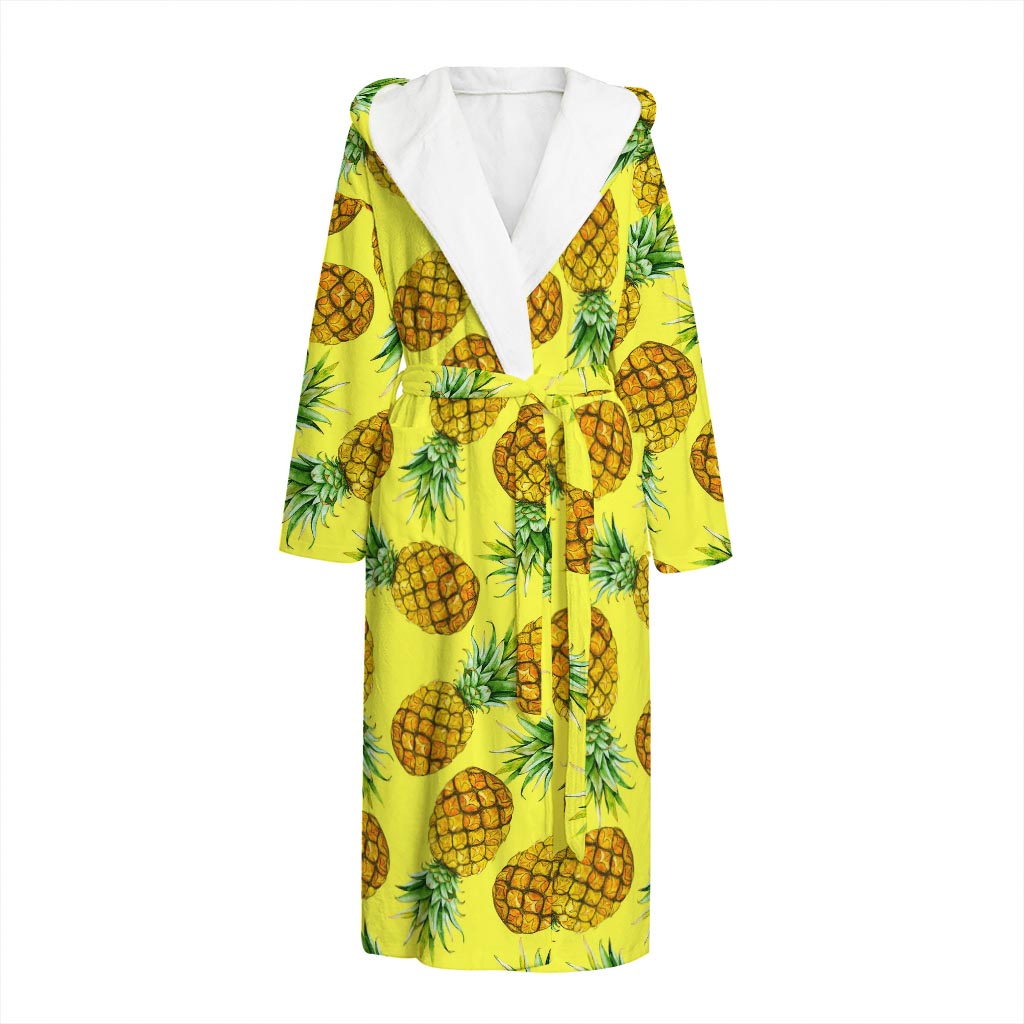 Pastel Yellow Pineapple Pattern Print Hooded Bathrobe