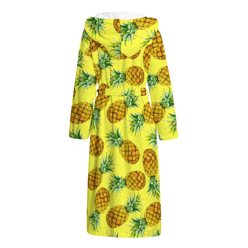 Pastel Yellow Pineapple Pattern Print Hooded Bathrobe