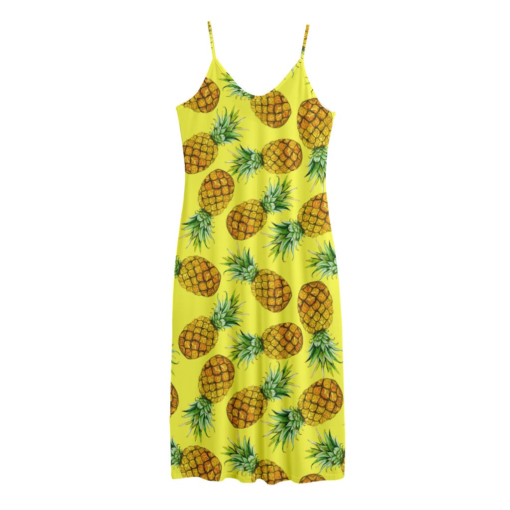 Pastel Yellow Pineapple Pattern Print Jersey Midi Cami Dress