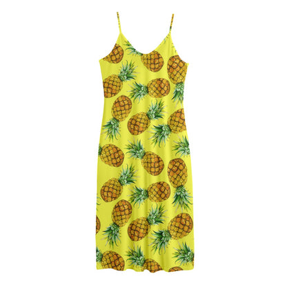 Pastel Yellow Pineapple Pattern Print Jersey Midi Cami Dress