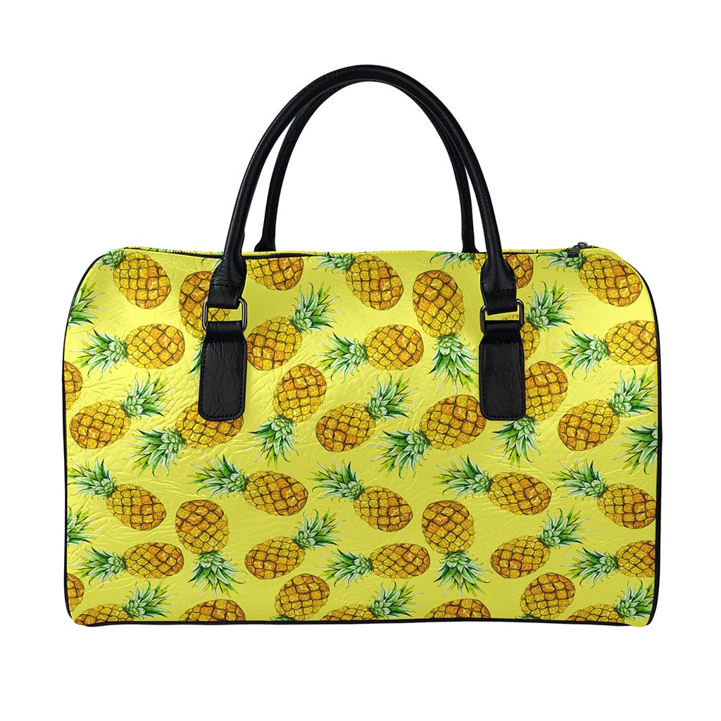 Pastel Yellow Pineapple Pattern Print Leather Duffle Bag