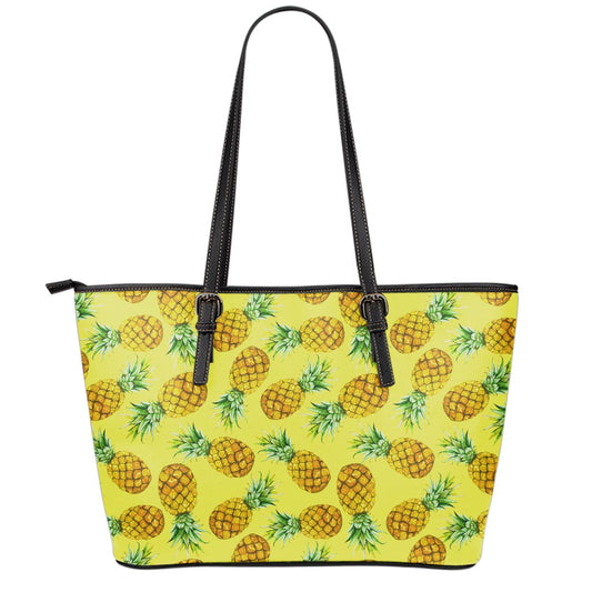 Pastel Yellow Pineapple Pattern Print Leather Tote Bag