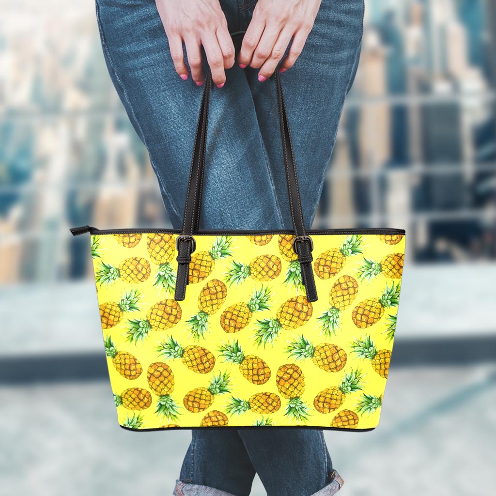 Pastel Yellow Pineapple Pattern Print Leather Tote Bag