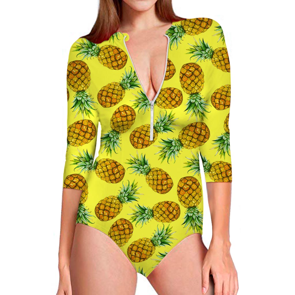 Pastel Yellow Pineapple Pattern Print Long Sleeve Swimsuit