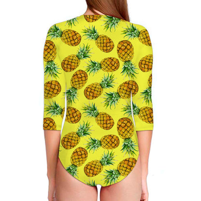 Pastel Yellow Pineapple Pattern Print Long Sleeve Swimsuit