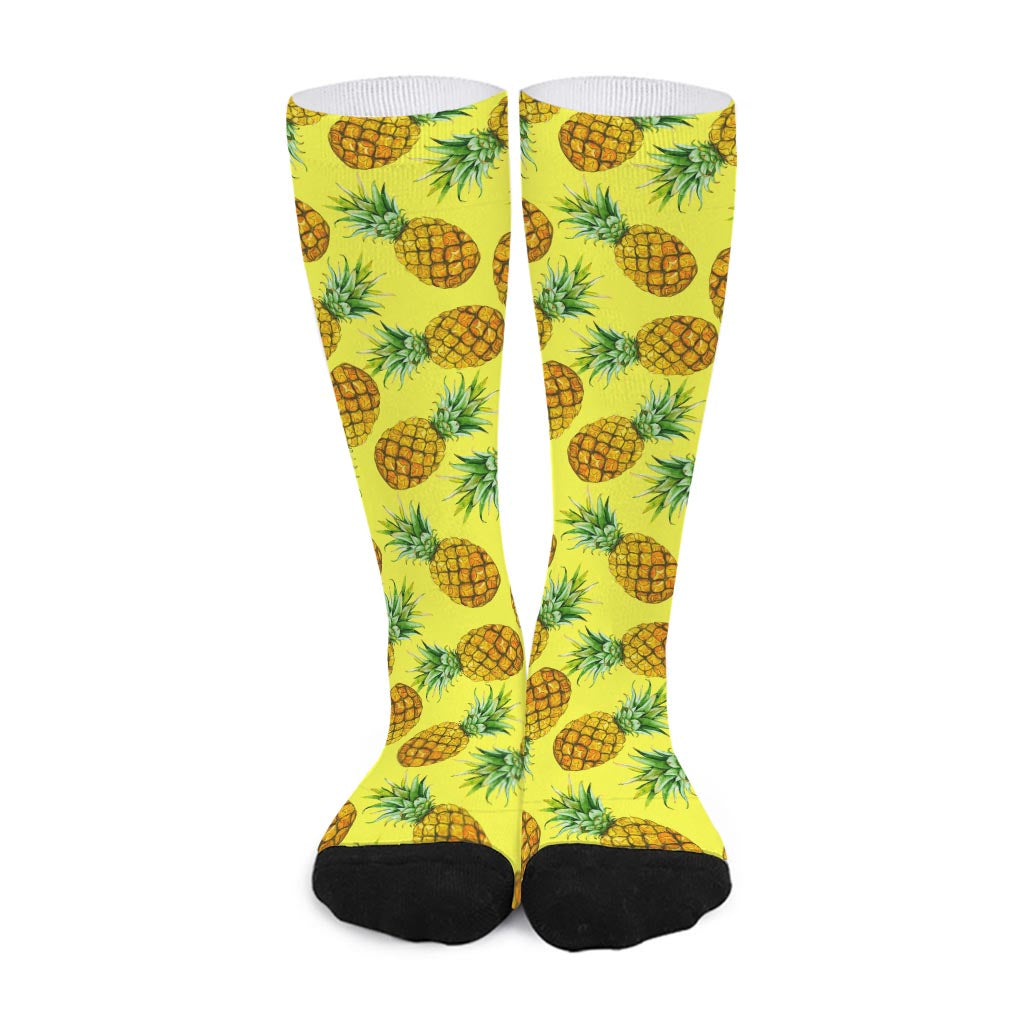 Pastel Yellow Pineapple Pattern Print Long Socks