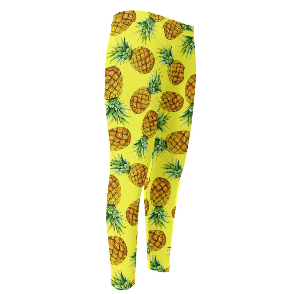 Pastel Yellow Pineapple Pattern Print Men's Compression Pants