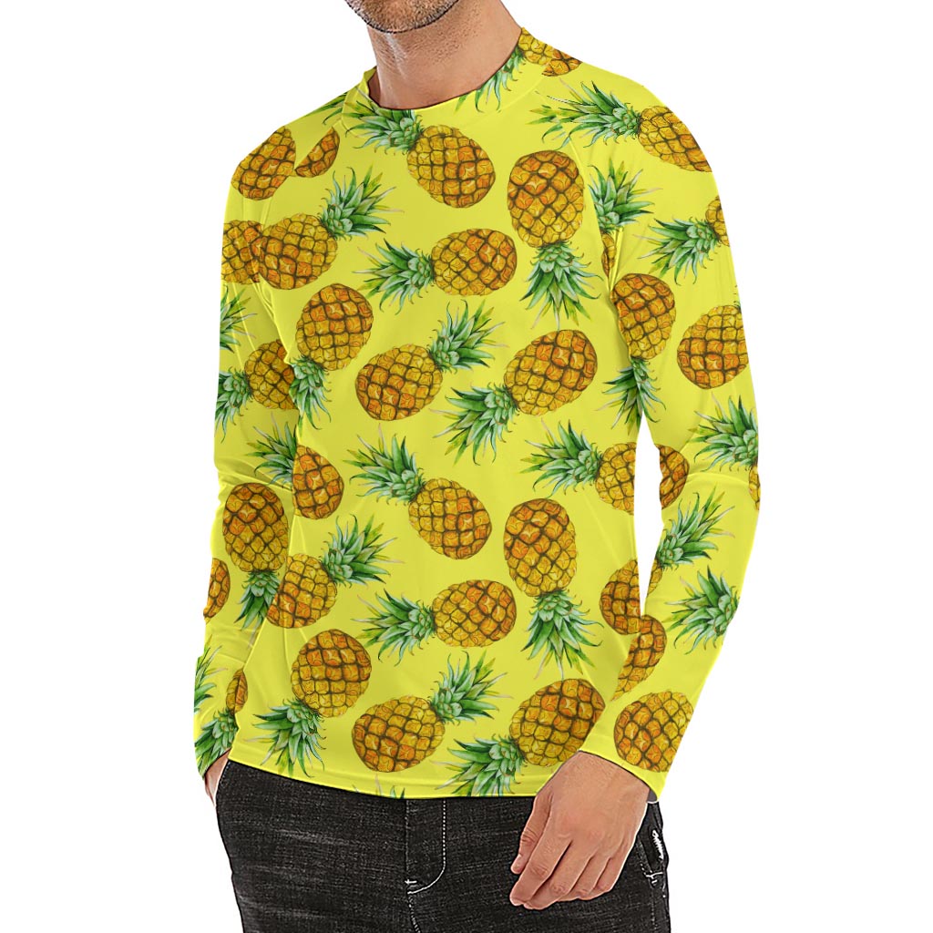 Pastel Yellow Pineapple Pattern Print Men's Long Sleeve Rash Guard