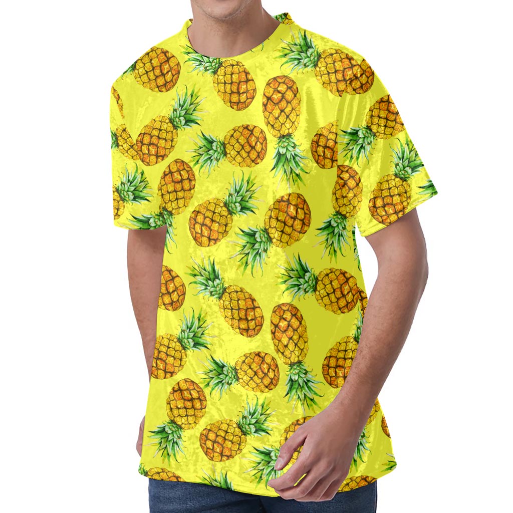 Pastel Yellow Pineapple Pattern Print Men's Velvet T-Shirt