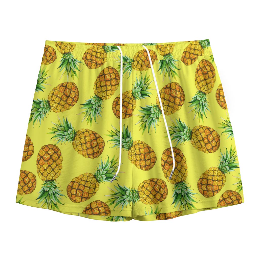 Pastel Yellow Pineapple Pattern Print Mesh Shorts
