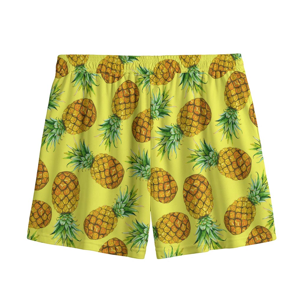 Pastel Yellow Pineapple Pattern Print Mesh Shorts