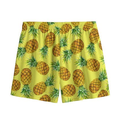 Pastel Yellow Pineapple Pattern Print Mesh Shorts