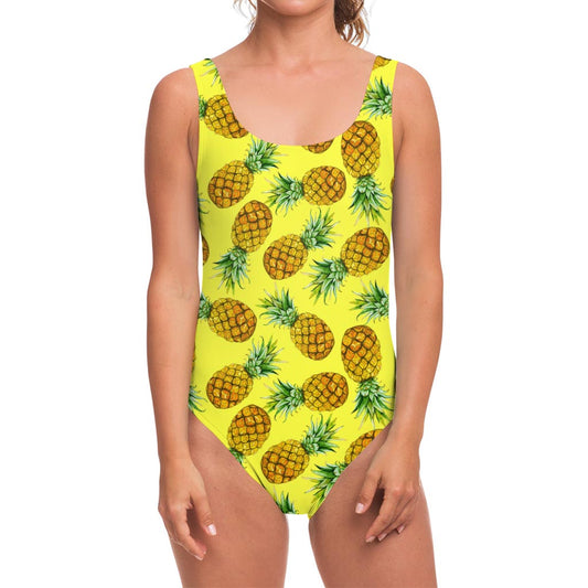 Pastel Yellow Pineapple Pattern Print One Piece Swimsuit