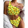 Pastel Yellow Pineapple Pattern Print One Shoulder Bikini Set