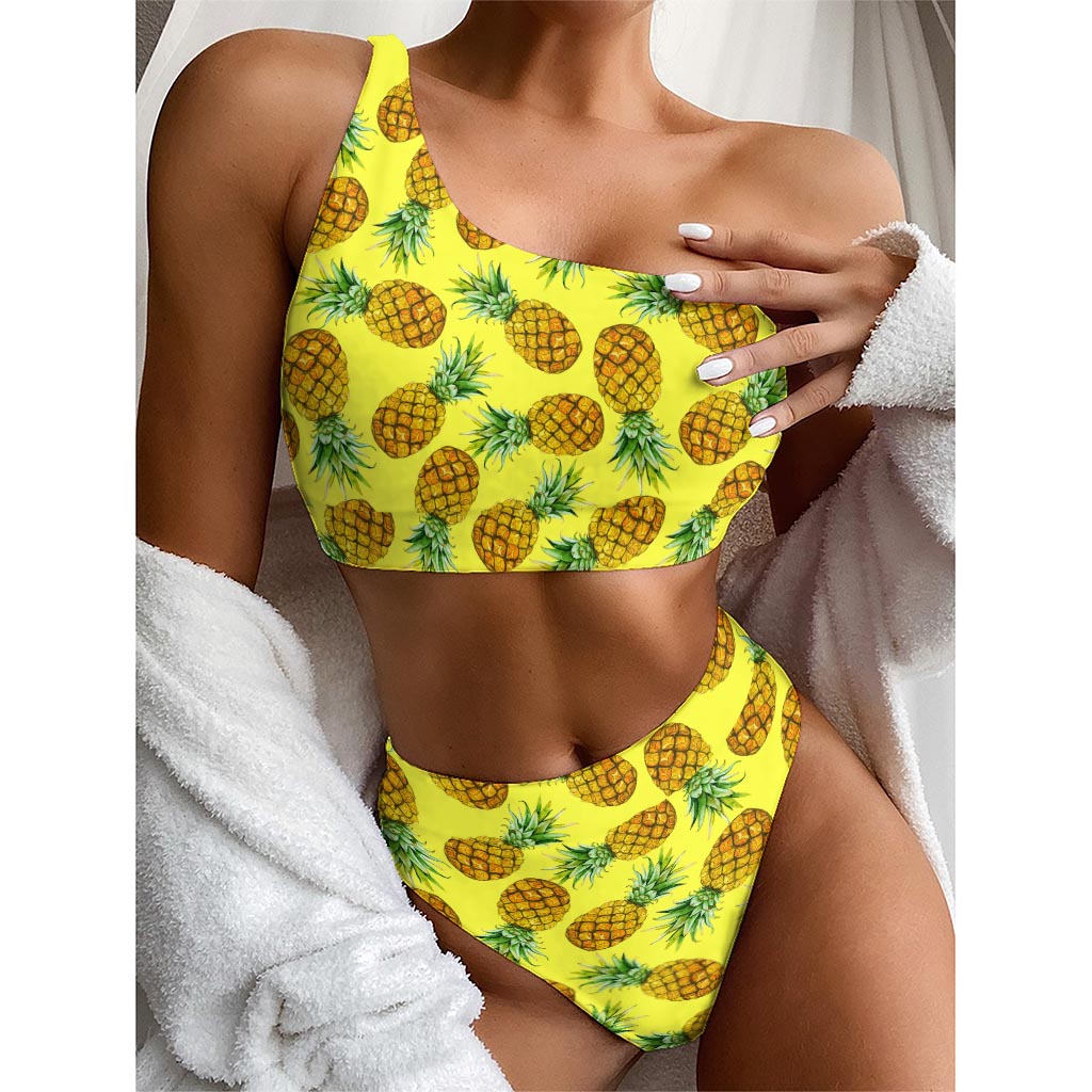 Pastel Yellow Pineapple Pattern Print One Shoulder Bikini Top