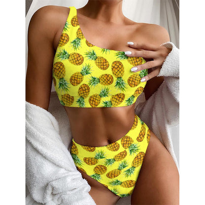Pastel Yellow Pineapple Pattern Print One Shoulder Bikini Top