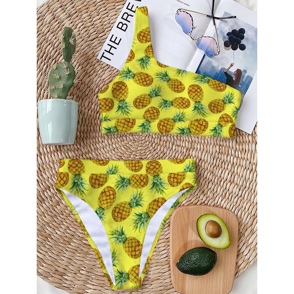 Pastel Yellow Pineapple Pattern Print One Shoulder Bikini Top