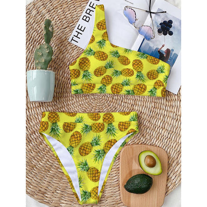 Pastel Yellow Pineapple Pattern Print One Shoulder Bikini Top