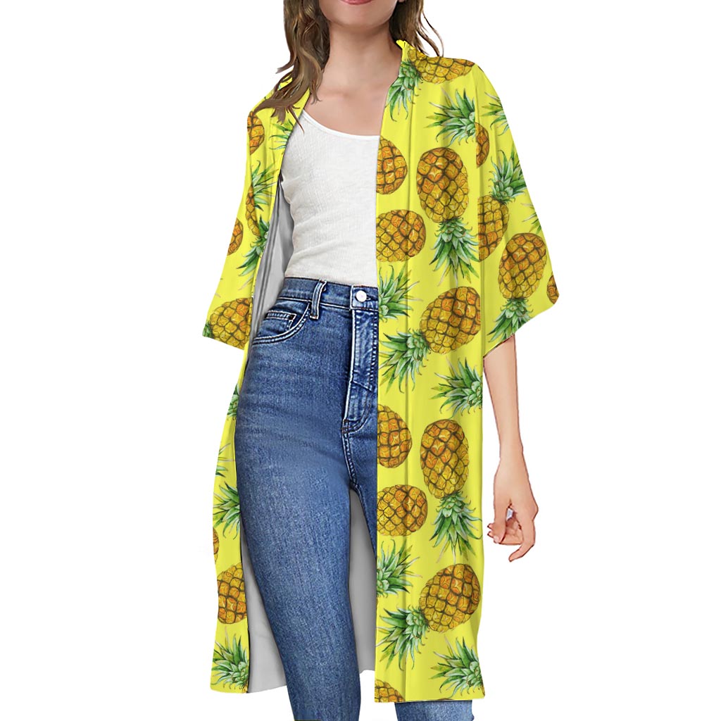 Pastel Yellow Pineapple Pattern Print Open Front Beach Cover Up