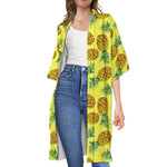 Pastel Yellow Pineapple Pattern Print Open Front Beach Cover Up