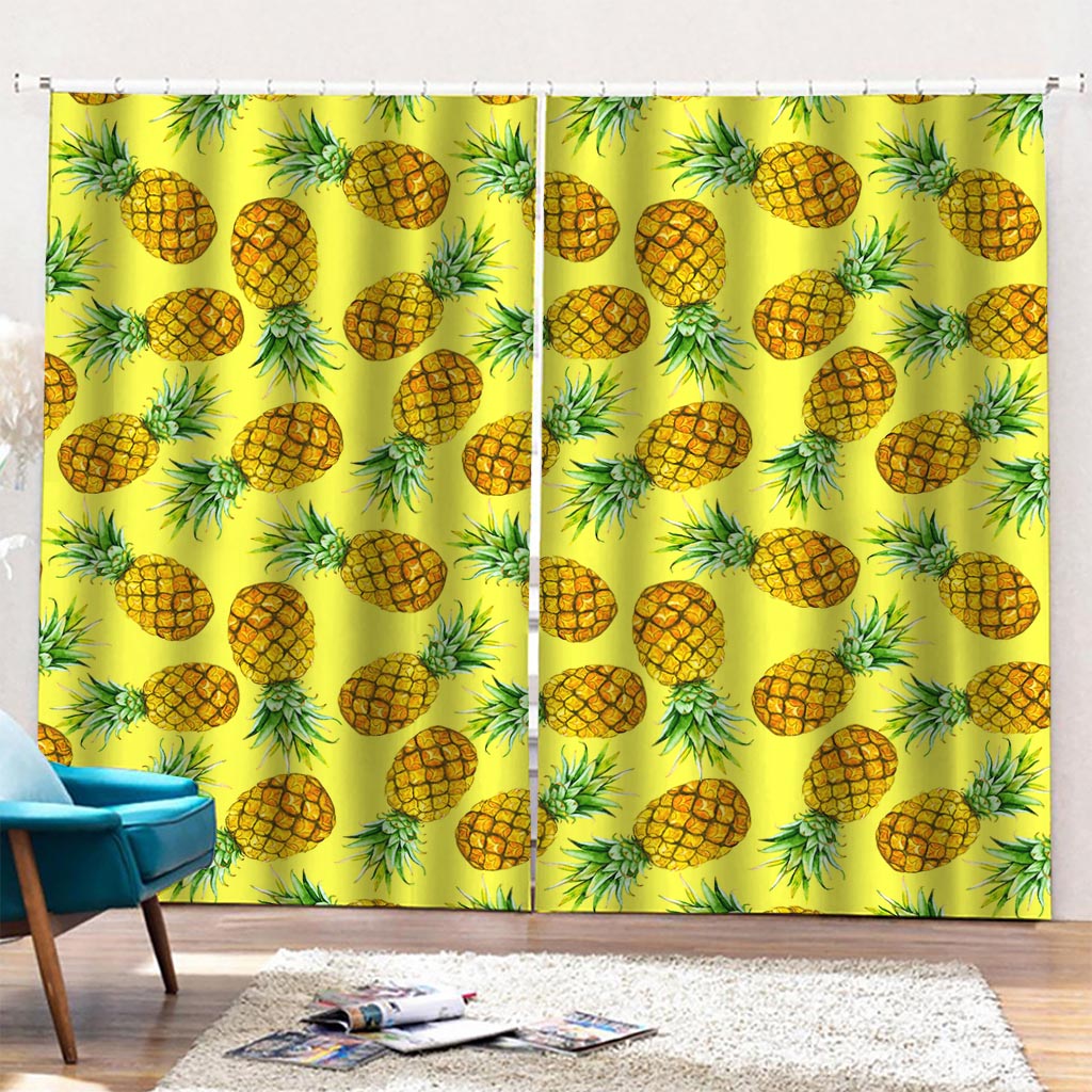 Pastel Yellow Pineapple Pattern Print Pencil Pleat Curtains