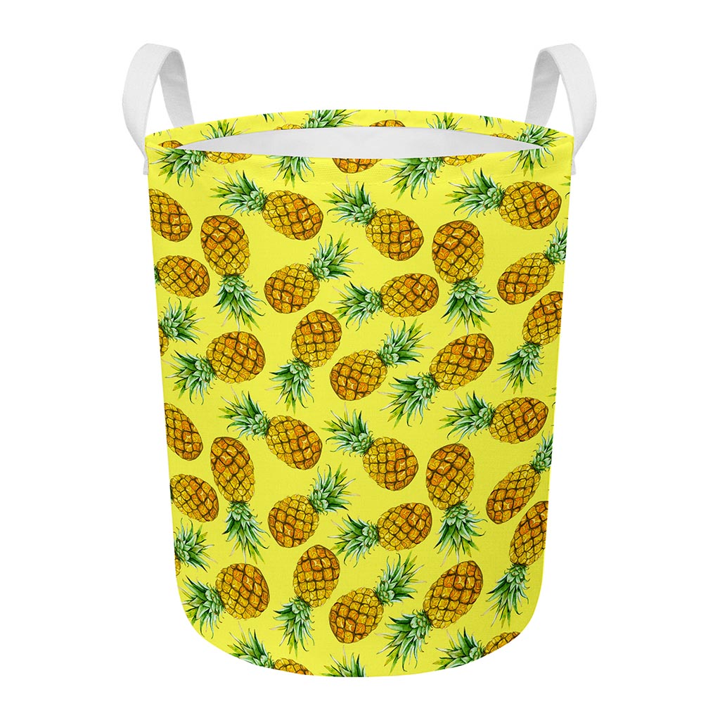 Pastel Yellow Pineapple Pattern Print Round Laundry Basket