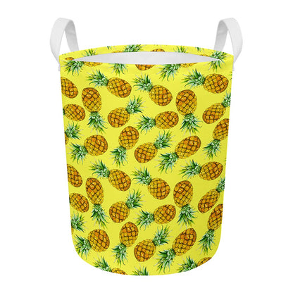 Pastel Yellow Pineapple Pattern Print Round Laundry Basket