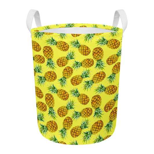 Pastel Yellow Pineapple Pattern Print Round Laundry Basket