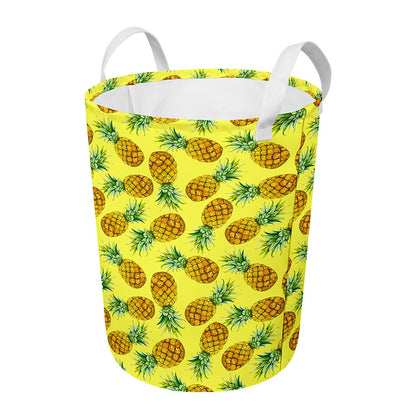 Pastel Yellow Pineapple Pattern Print Round Laundry Basket