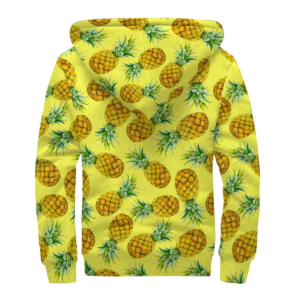 Pastel Yellow Pineapple Pattern Print Sherpa Lined Zip Up Hoodie