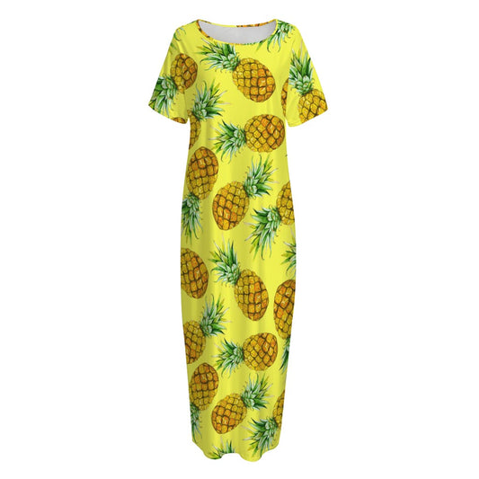 Pastel Yellow Pineapple Pattern Print Short Sleeve Long Nightdress