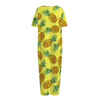 Pastel Yellow Pineapple Pattern Print Short Sleeve Long Nightdress