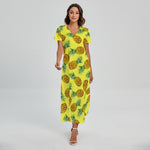 Pastel Yellow Pineapple Pattern Print Short Sleeve Maxi Dress