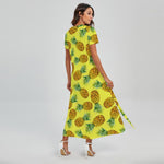 Pastel Yellow Pineapple Pattern Print Short Sleeve Maxi Dress