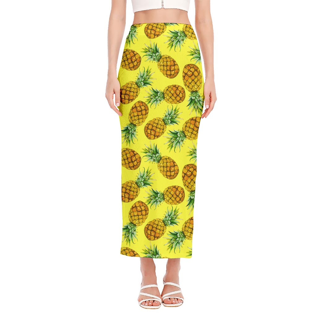 Pastel Yellow Pineapple Pattern Print Side Slit Maxi Skirt