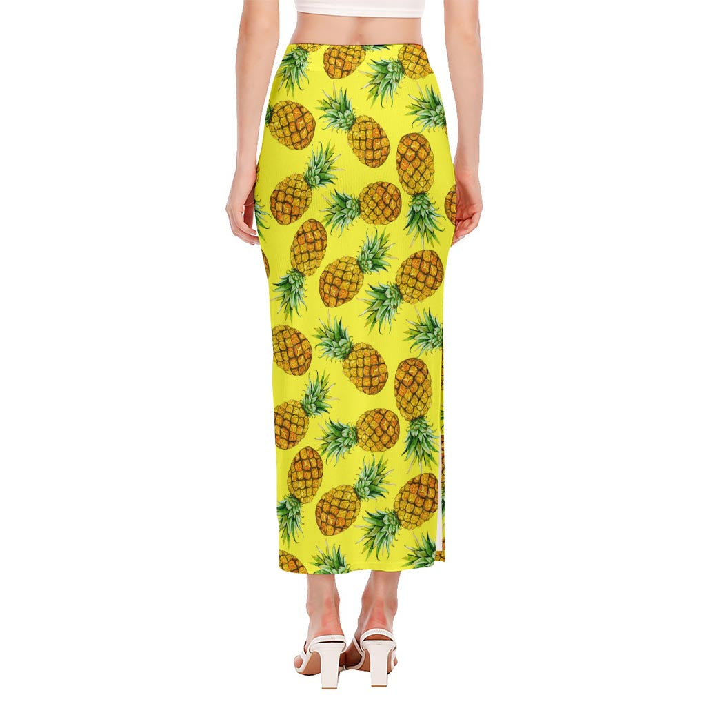 Pastel Yellow Pineapple Pattern Print Side Slit Maxi Skirt