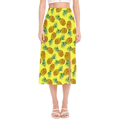 Pastel Yellow Pineapple Pattern Print Side Slit Midi Skirt