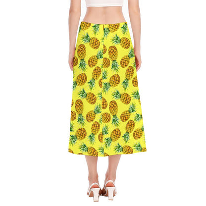 Pastel Yellow Pineapple Pattern Print Side Slit Midi Skirt