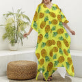Pastel Yellow Pineapple Pattern Print Silk V-Neck Kaftan Dress