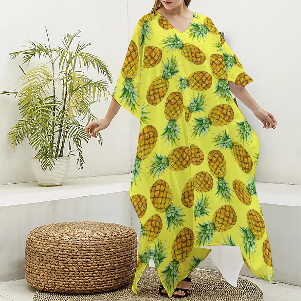 Pastel Yellow Pineapple Pattern Print Silk V-Neck Kaftan Dress