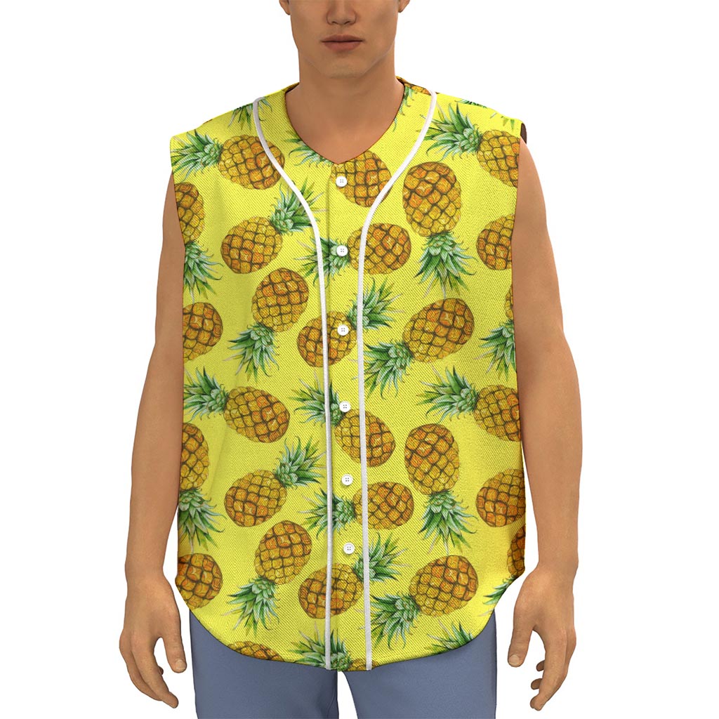 Pastel Yellow Pineapple Pattern Print Sleeveless Baseball Jersey