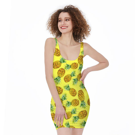 Pastel Yellow Pineapple Pattern Print Sleeveless Bodycon Dress