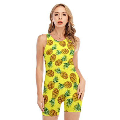 Pastel Yellow Pineapple Pattern Print Sleeveless One Piece Swimsuit