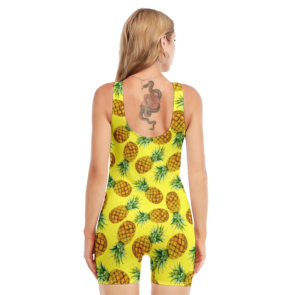 Pastel Yellow Pineapple Pattern Print Sleeveless One Piece Swimsuit