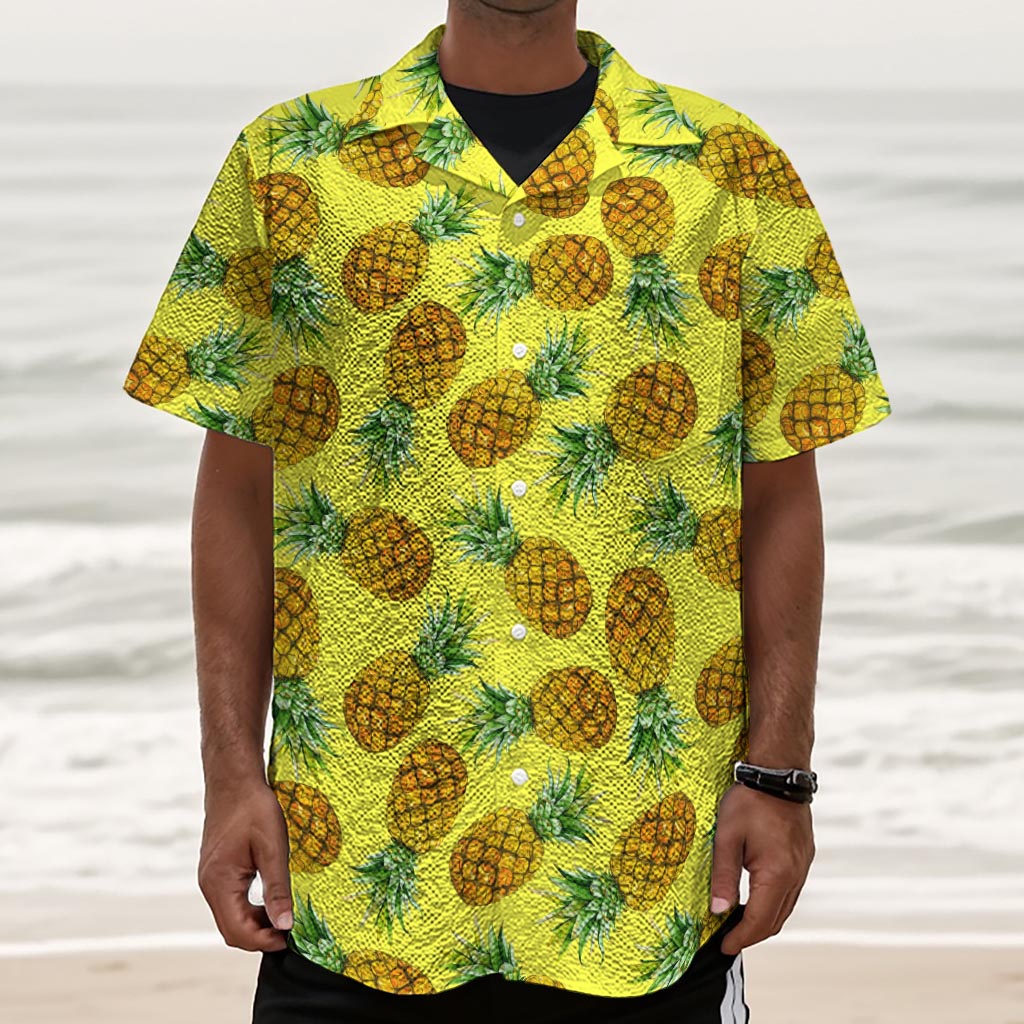 Pastel Yellow Pineapple Pattern Print Textured Short Sleeve Shirt