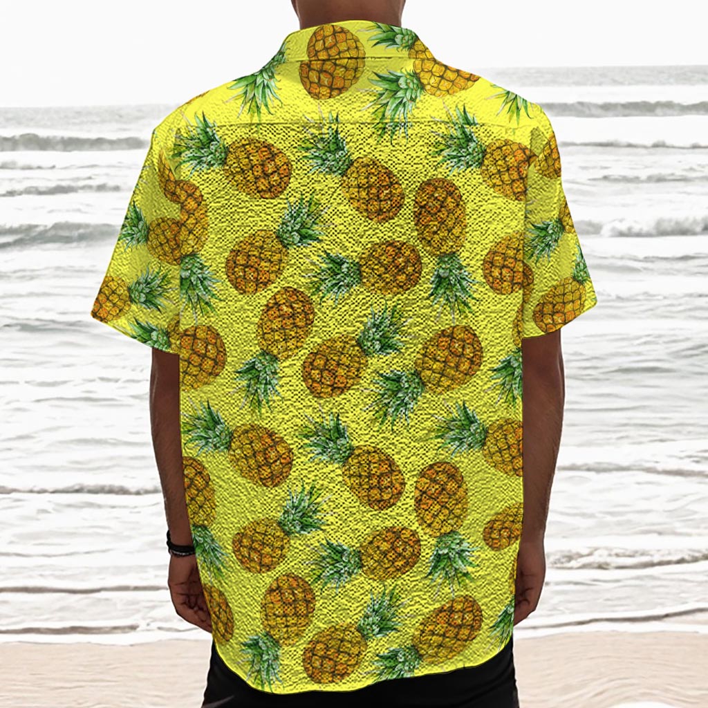 Pastel Yellow Pineapple Pattern Print Textured Short Sleeve Shirt
