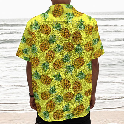 Pastel Yellow Pineapple Pattern Print Textured Short Sleeve Shirt