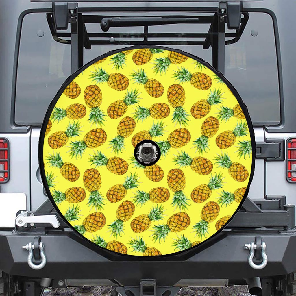 Pastel Yellow Pineapple Pattern Print Tire Cover With Camera Hole