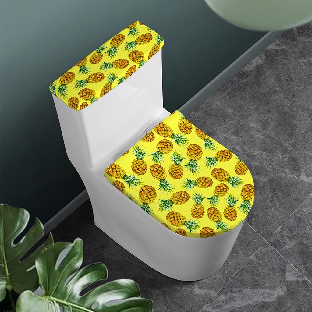 Pastel Yellow Pineapple Pattern Print Toilet Lid And Tank Cover Set
