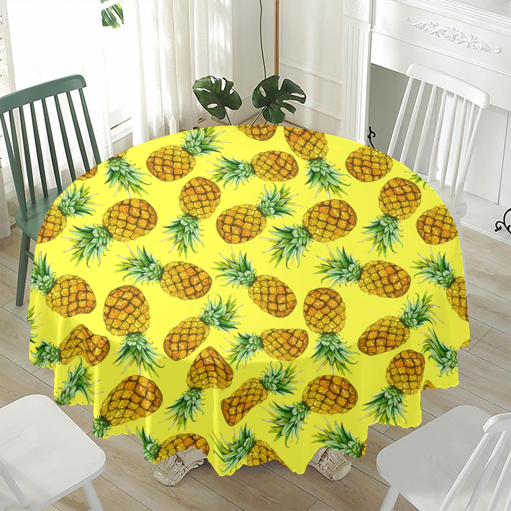 Pastel Yellow Pineapple Pattern Print Waterproof Round Tablecloth